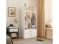 Armario con 2 cajones y 2 puertas, perchero con iluminación LED y barra para colgar, armario, vestidor, 80 x 50 x 175 cm Blanco Best