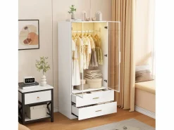 Armario con 2 cajones y 2 puertas, perchero con iluminación LED y barra para colgar, armario, vestidor, 80 x 50 x 175 cm Blanco Best