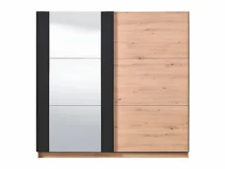 Vente-unique Armario|Armario con espejo 2 puertas correderas - Color: roble y negro - 217 cm. PHILADELPHIE