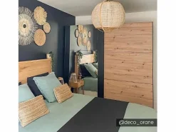 Vente-unique Armario|Armario con espejo 2 puertas correderas - Color: roble y negro - 217 cm. PHILADELPHIE