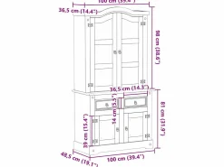 vidaxl Aparador De Cocina|Armario con vitrina Corona madera maciza pino 100x48,5x179 cm
