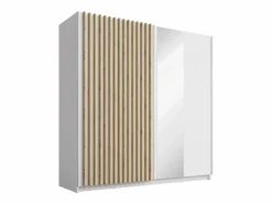 Vente-unique Armario|Armario corredero TINDANIA de 2 puertas con espejo, ancho 200 cm, color blanco y natural