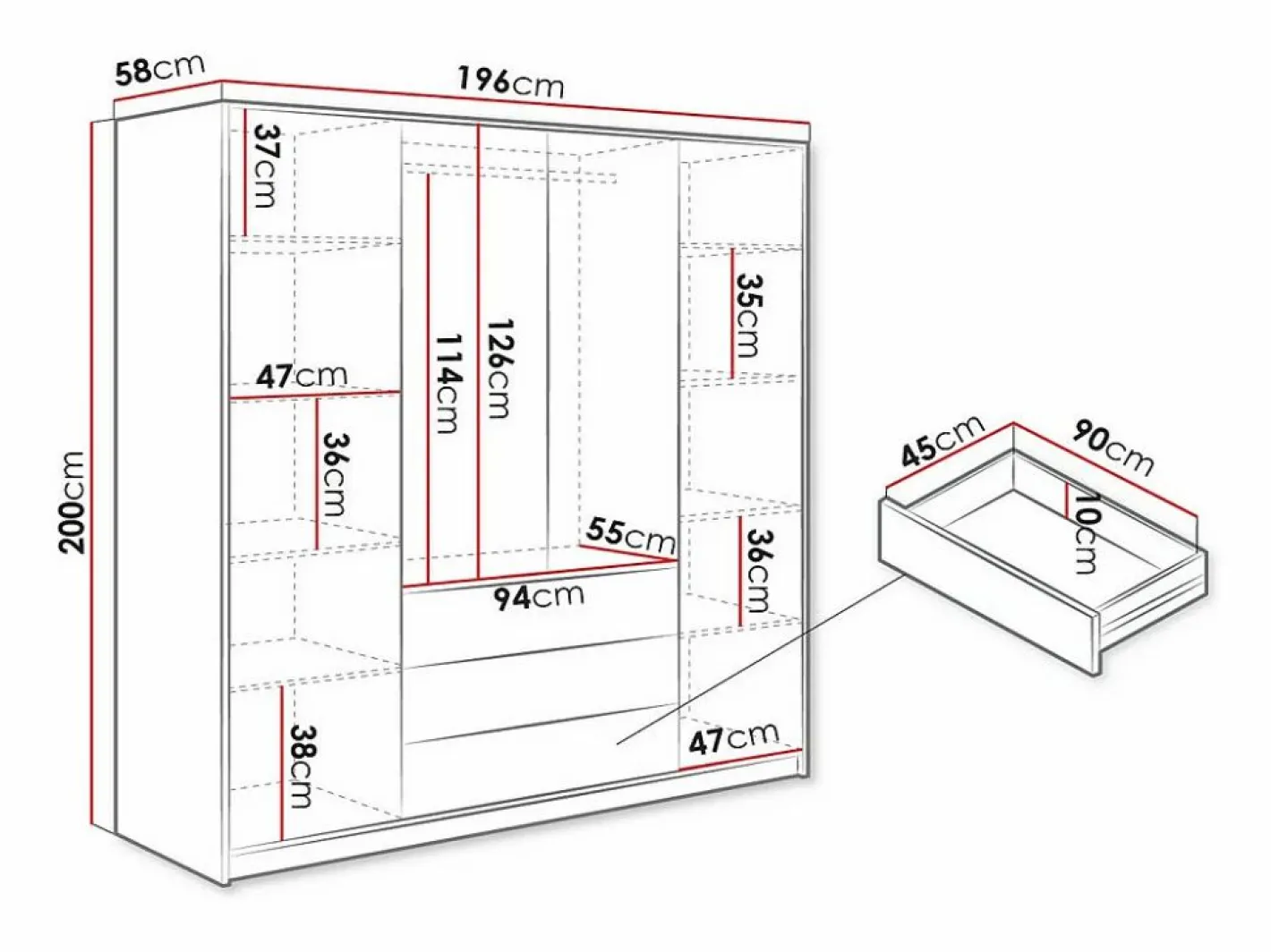 Vente-unique Armario|Armario de 4 puertas y 3 cajones con espejo L196 cm - LIZANDRO