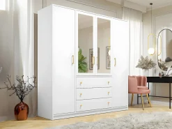 Vente-unique Armario|Armario de 4 puertas y 3 cajones con espejo L196 cm - LIZANDRO