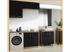 Armario de baño colgante de 60 cm sobre el lavabo con estantes para lavadora en roble artesanal y negro.^