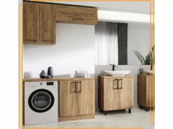Armario de baño colgante horizontal de 80 cm con estantes en roble craft negro. Color natural claro Best