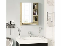 Basic Mueble De Aseo|Armario de baño Enebro Kleankin con espejo, estantes y toallero natural 70x60x15 cm