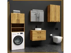 Mueble Para Lavadora|Armario de baño sobre lavadora y secadora en roble Craft. Perfecto para organizar tus electrodomésticos en el baño.