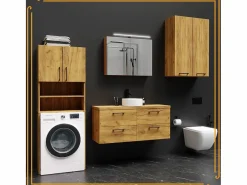 Mueble Para Lavadora|Armario de baño sobre lavadora y secadora en roble Craft. Perfecto para organizar tus electrodomésticos en el baño.