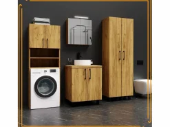Mueble Para Lavadora|Armario de baño sobre lavadora y secadora en roble Craft. Perfecto para organizar tus electrodomésticos en el baño.