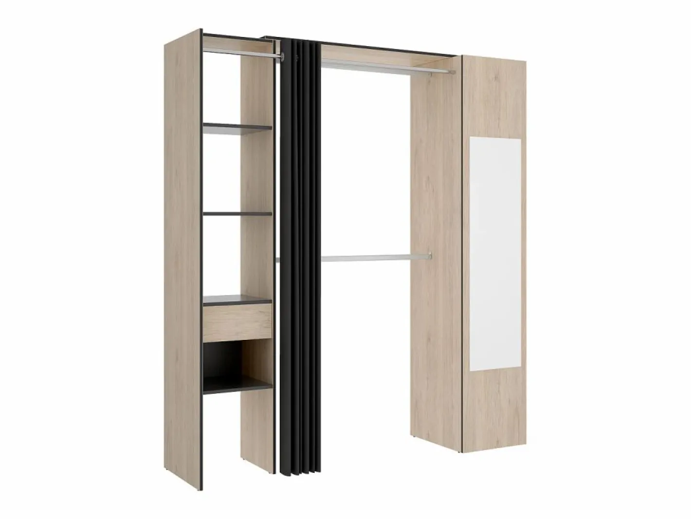 Vente-unique Armario Abierto, Vestidor|Armario de 177cm de ancho con cortina y puerta, 1 espejo, color natural y antracita - BERTRAND