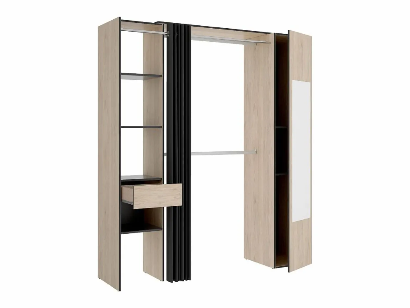 Vente-unique Armario Abierto, Vestidor|Armario de 177cm de ancho con cortina y puerta, 1 espejo, color natural y antracita - BERTRAND