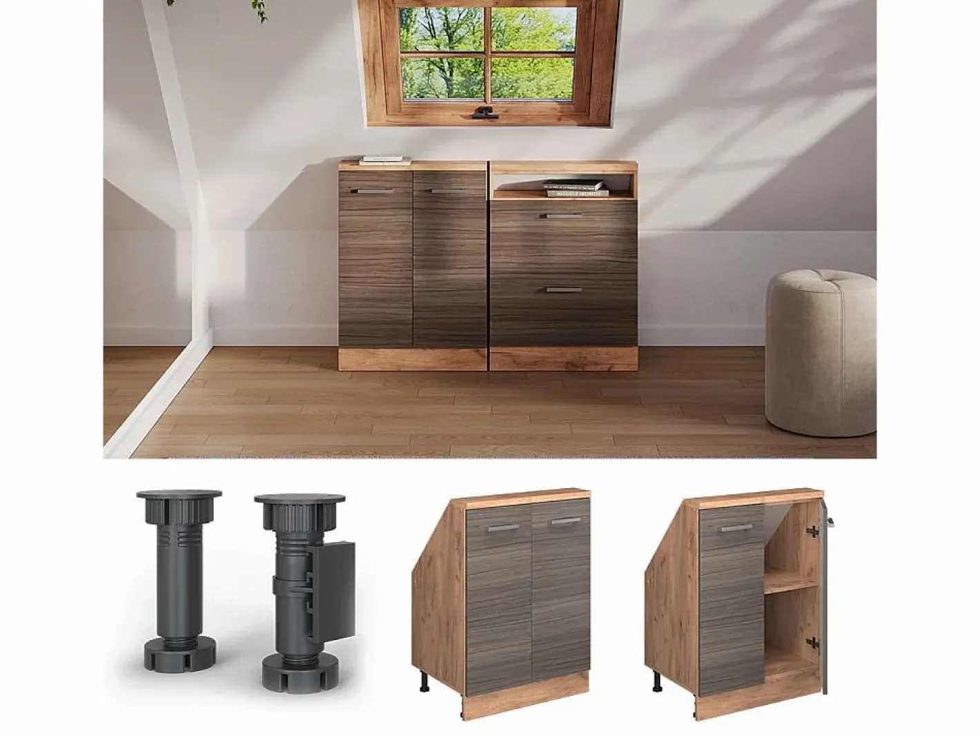 Vicco Armario Para Buhardilla|Armario de cocina para techo inclinado gris noble 60x46x81.6 r-line
