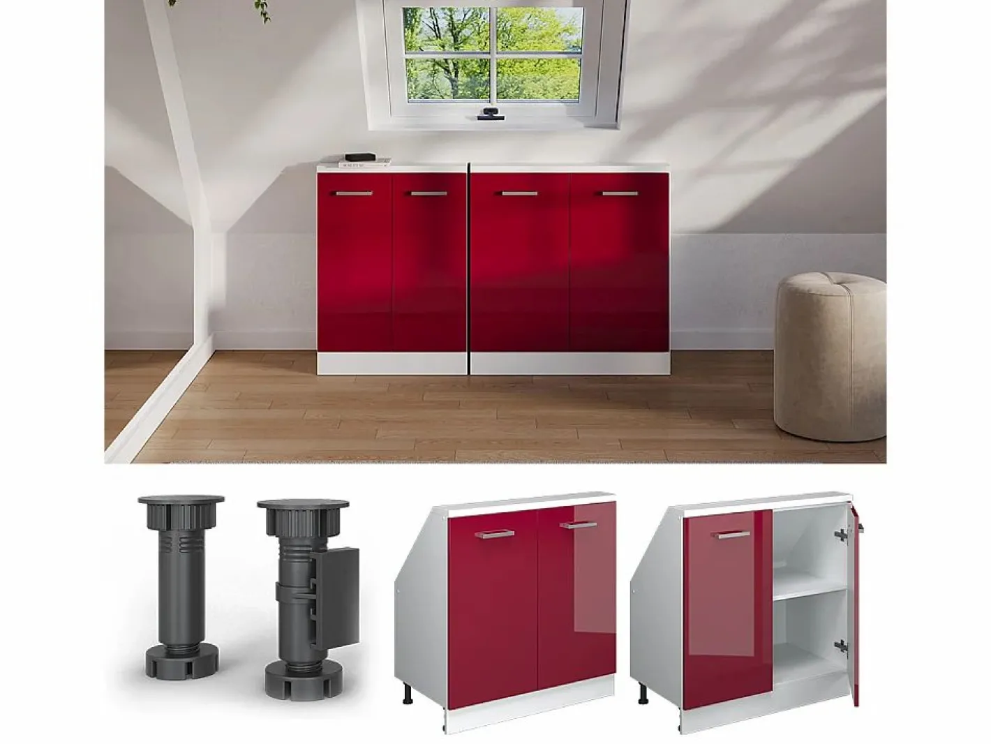 Vicco Armario Para Buhardilla|Armario de cocina para techo inclinado brillo intenso/blanco 80x46x81.6 r-line