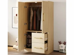 OKWISH Armario|Armario de dormitorio, armario color natural con dos puertas y dos cajones, tiradores metálicos