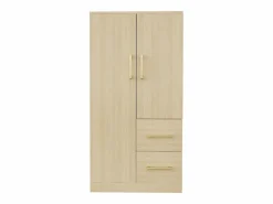 OKWISH Armario|Armario de dormitorio, armario color natural con dos puertas y dos cajones, tiradores metálicos