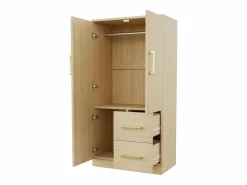 OKWISH Armario|Armario de dormitorio, armario color natural con dos puertas y dos cajones, tiradores metálicos