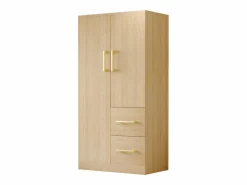 OKWISH Armario|Armario de dormitorio, armario color natural con dos puertas y dos cajones, tiradores metálicos