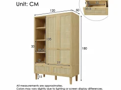 Merax Armario|Armario de dos puertas en ratán trenzado - 120 x 50 x 180 cm - estilo rústico con efecto roble - con estantes + 2 cajones - madera - natural
