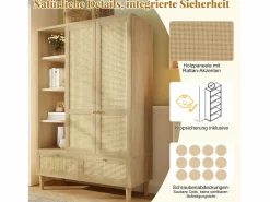 Merax Armario|Armario de dos puertas en ratán trenzado - 120 x 50 x 180 cm - estilo rústico con efecto roble - con estantes + 2 cajones - madera - natural
