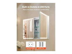 Mueble De Pared Para Baño|Armario de Pared para Baño SucceBuy Armario de Tocador con Espejo HD y LED de 3 Colores con Intensidad Variable, Enchufes y Puertos USB, 60 x 80 cm