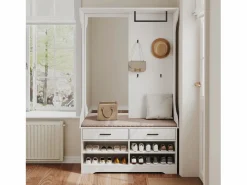 Armario de pasillo con espejo, ganchos y zapatero - Diseño moderno Blanco Hot