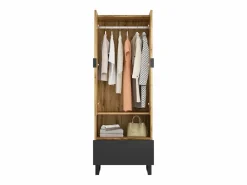 Perchero|Armario de recibidor con cajón, estantes regulables y perchero, tablero de partículas de madera, color natural y negro (180x38x65 cm)