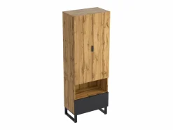 Perchero|Armario de recibidor con cajón, estantes regulables y perchero, tablero de partículas de madera, color natural y negro (180x38x65 cm)