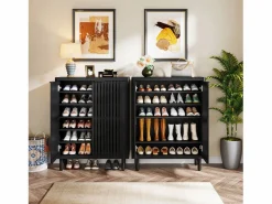 Tribesigns Armario de zapatos de 6 niveles con puertas de persiana, estantería organizadora de zapatos de madera con estantes ajustables Negro