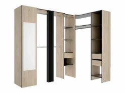 Vente-unique Armario Abierto, Vestidor|Armario esquinero con 1 puerta, cortina y espejo, 231 cm de ancho, natural y antracita - BETRAND