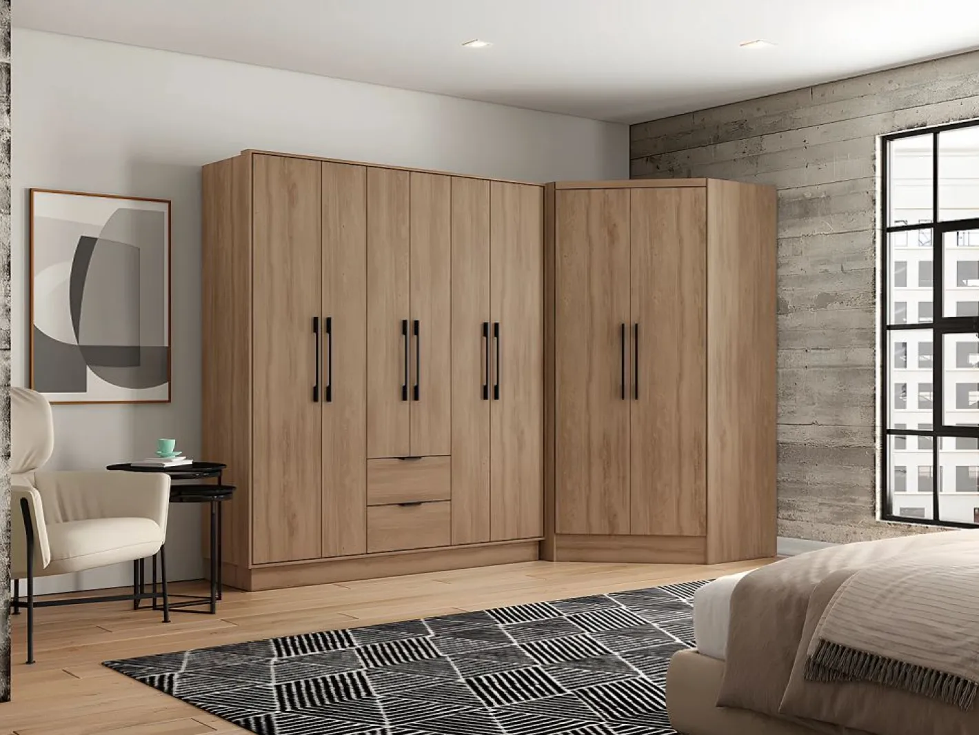 Vente-unique Armario|Armario esquinero de 8 puertas y 2 cajones L263 cm color natural - FEOVA