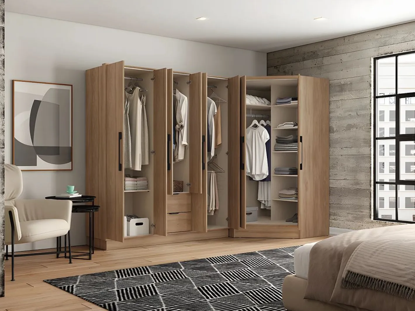 Vente-unique Armario|Armario esquinero de 8 puertas y 2 cajones L263 cm color natural - FEOVA
