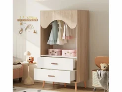 Merax Muebles Niño|Armario|Armario infantil - 80 x 46 x 141,5 cm - con barra + 2 cajones - aglomerado - natural