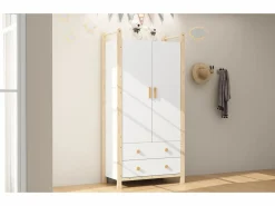 Armario infantil - 90 x 45 x 180 cm - con 2 puertas + barra + 2 cajones - aglomerado -^Merax