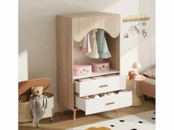 Armario infantil abierto 80x46x141.5 cm - con barra para colgar ropa y 2 cajones - patas y tiradores de madera maciza - blanco + natural^ModernLuxe Sale