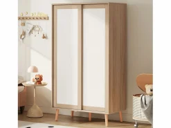 Hauss Spole Muebles Niño|Armario infantil con 2 puertas correderas y barra para colgar ropa, blanco y natural, 80 × 45,7 × 141,5 cm