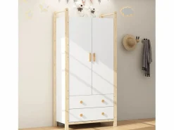 Armario infantil 89.6x44x180.5 cm - 2 cajones y 2 puertas - 1 barra para colgar ropa - estructura de pino - + natural^ModernLuxe Sale
