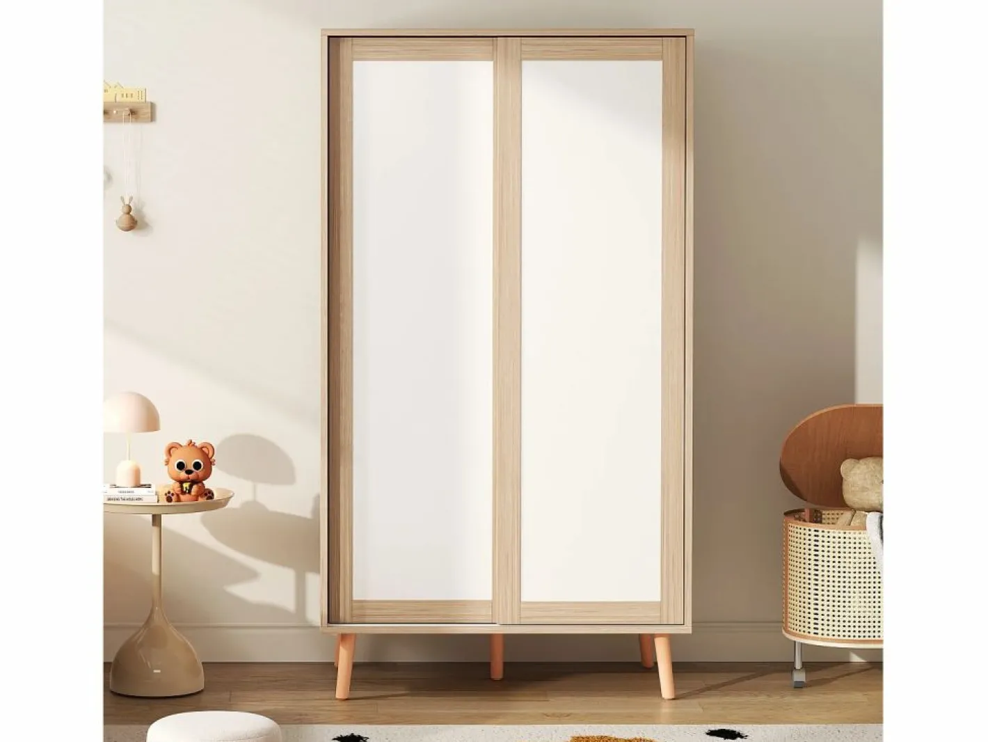 ModernLuxe Armario infantil 80x46x141.5 cm - con barra para colgar ropa - 2 puertas correderas - patas de madera maciza - natural Color natural claro Sale