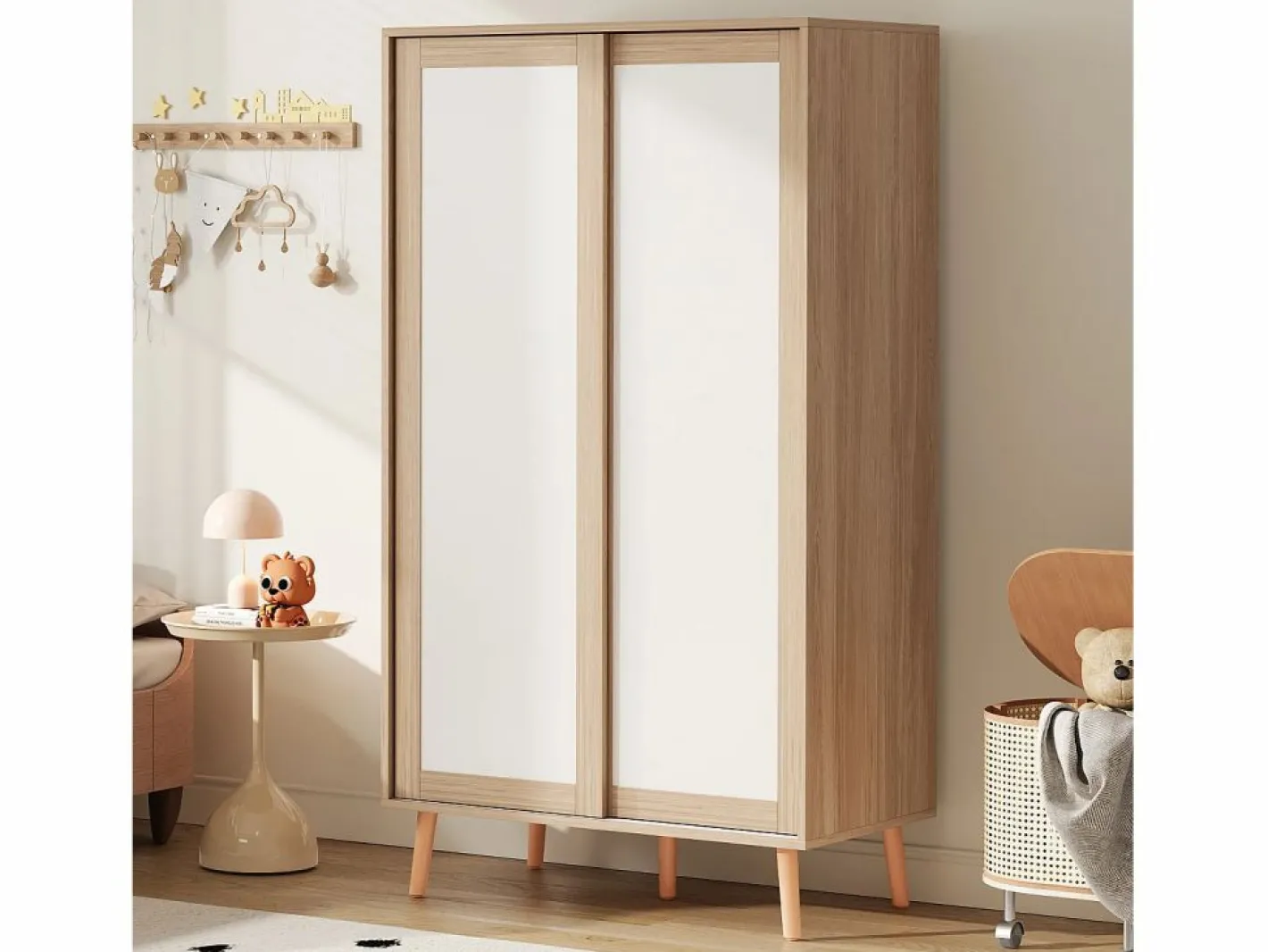 ModernLuxe Armario infantil 80x46x141.5 cm - con barra para colgar ropa - 2 puertas correderas - patas de madera maciza - natural Color natural claro Sale