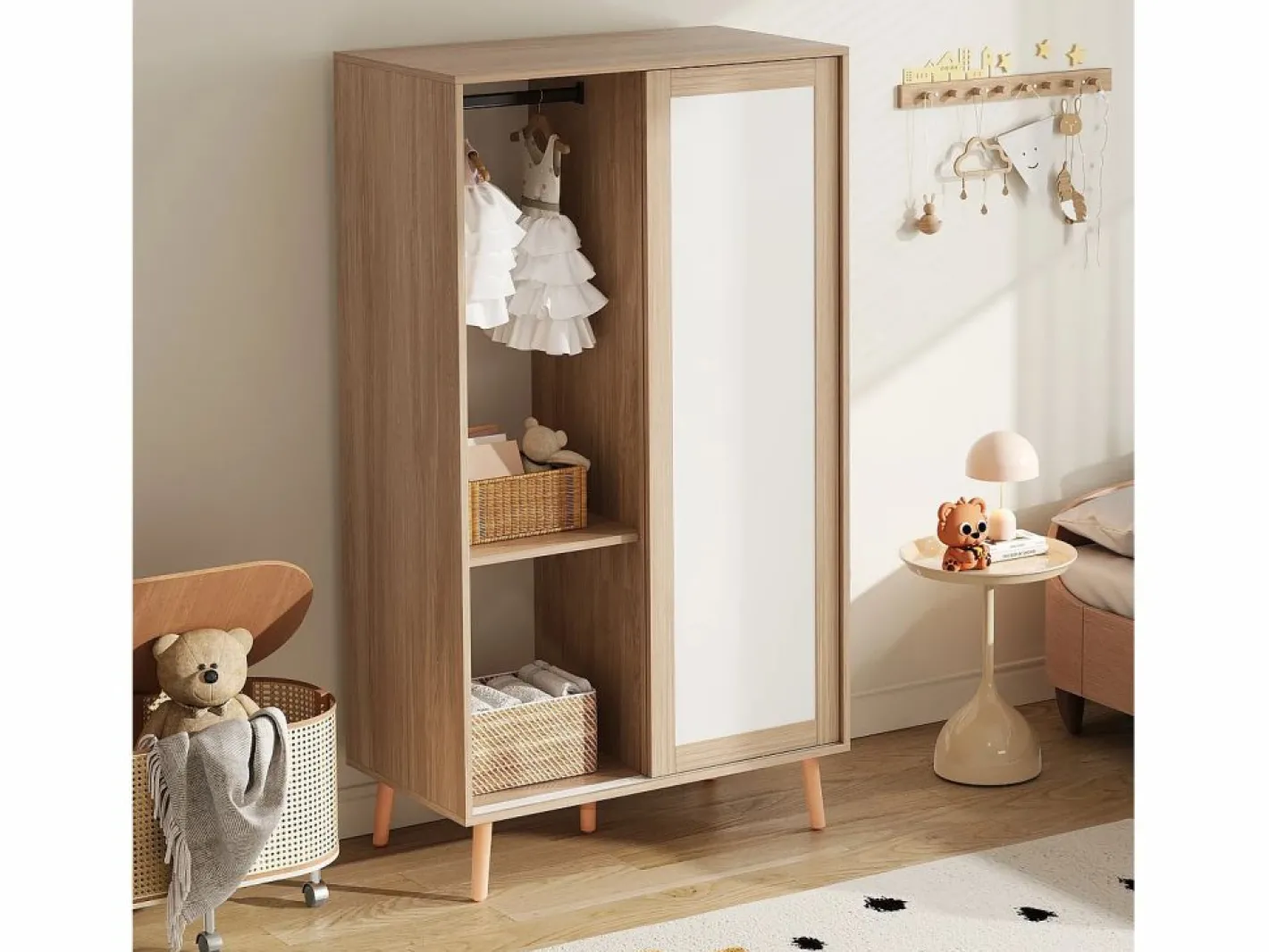 ModernLuxe Armario infantil 80x46x141.5 cm - con barra para colgar ropa - 2 puertas correderas - patas de madera maciza - natural Color natural claro Sale