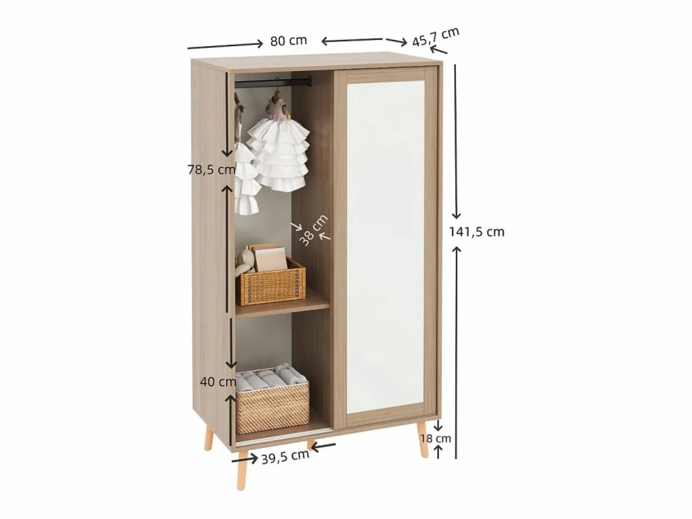ModernLuxe Armario infantil 80x46x141.5 cm - con barra para colgar ropa - 2 puertas correderas - patas de madera maciza - natural Color natural claro Sale