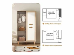 ModernLuxe Armario infantil 80x46x141.5 cm - con barra para colgar ropa - 2 puertas correderas - patas de madera maciza - natural Color natural claro Sale