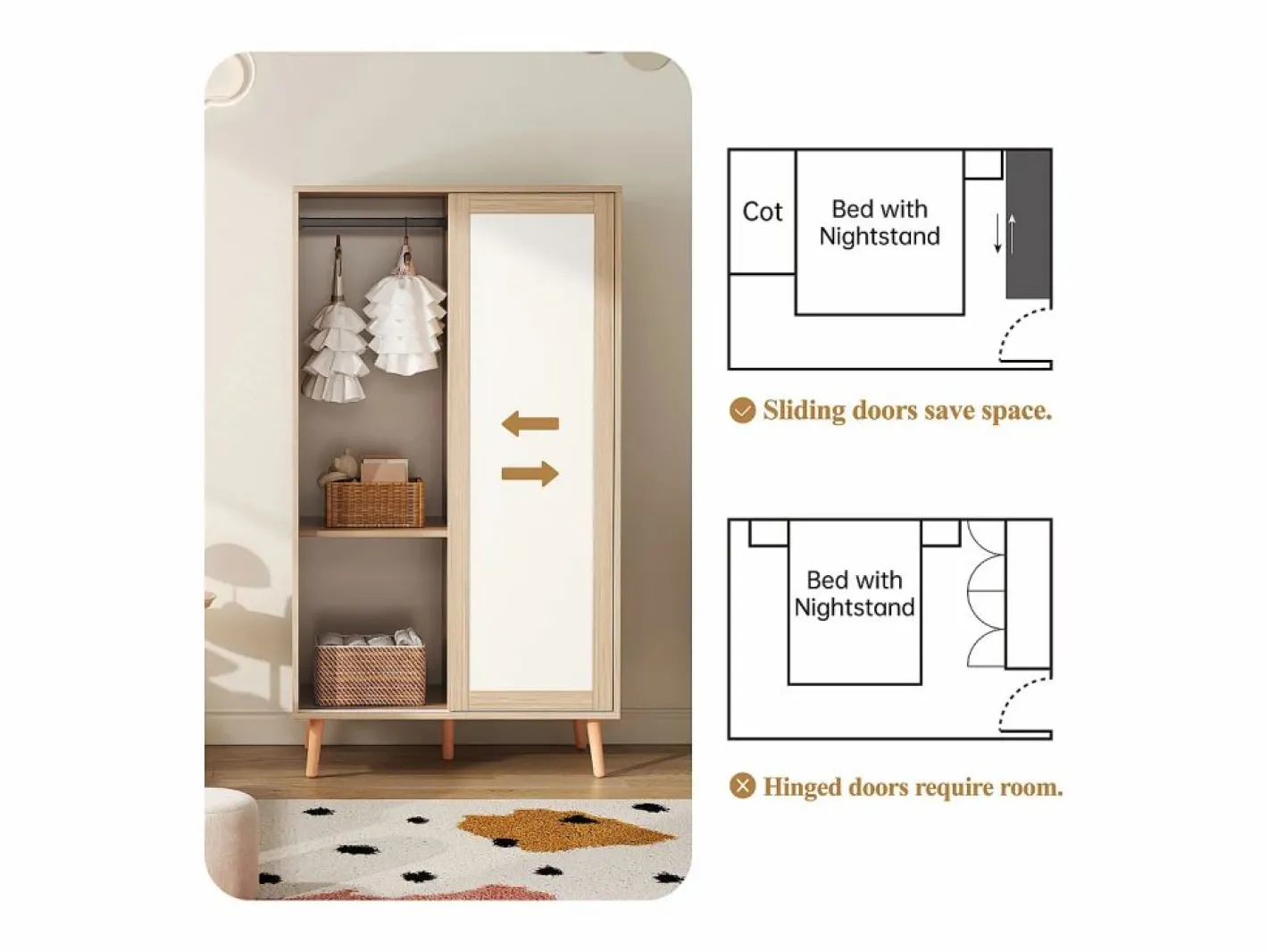 ModernLuxe Armario infantil 80x46x141.5 cm - con barra para colgar ropa - 2 puertas correderas - patas de madera maciza - natural Color natural claro Sale