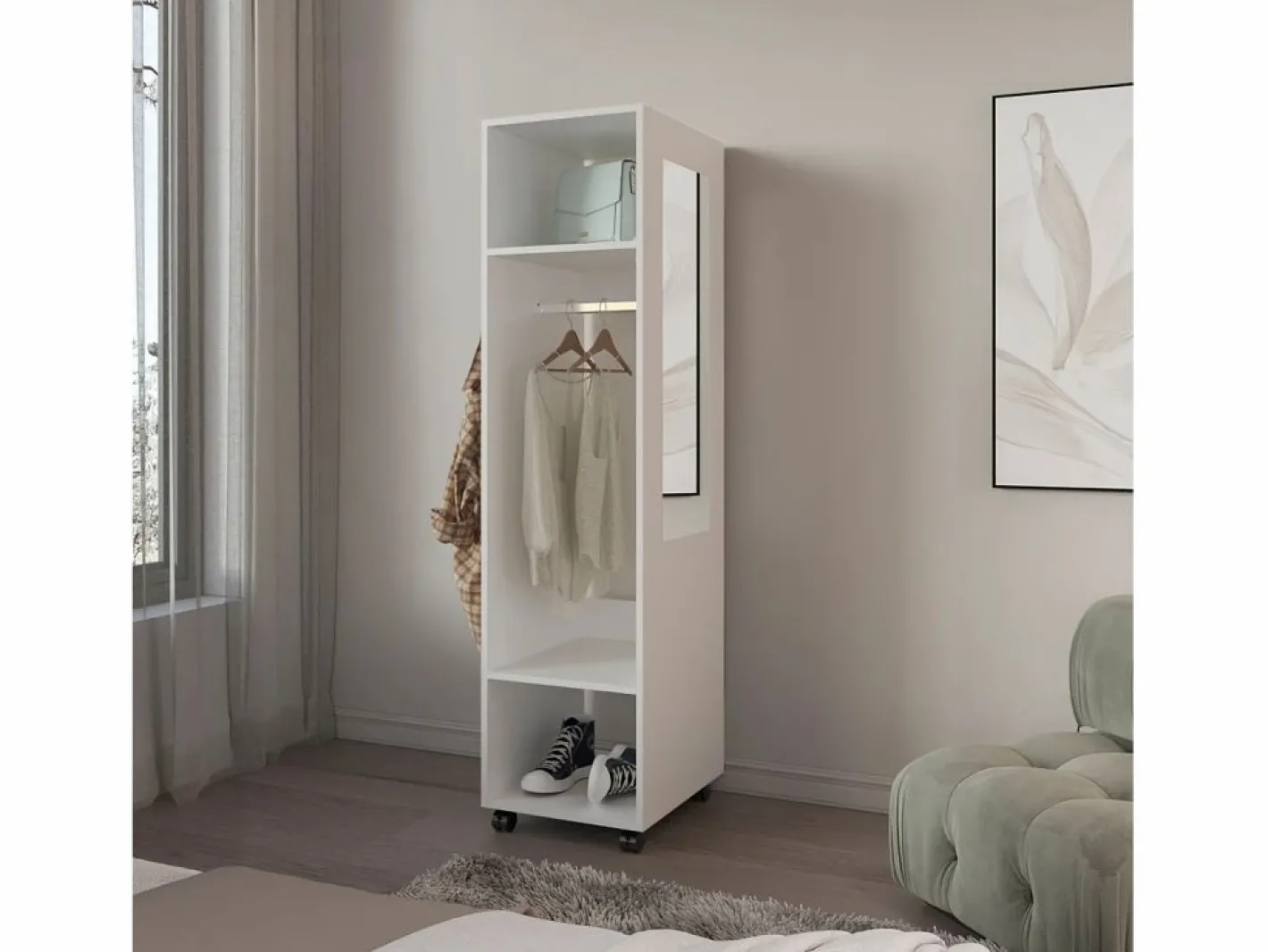 TuHome Armario Abierto, Vestidor|Armario Kronospan en melamina , tres estantes , barra para colgar ropa y espejo incluido , , 160 cm X 40 cm X 48 cm