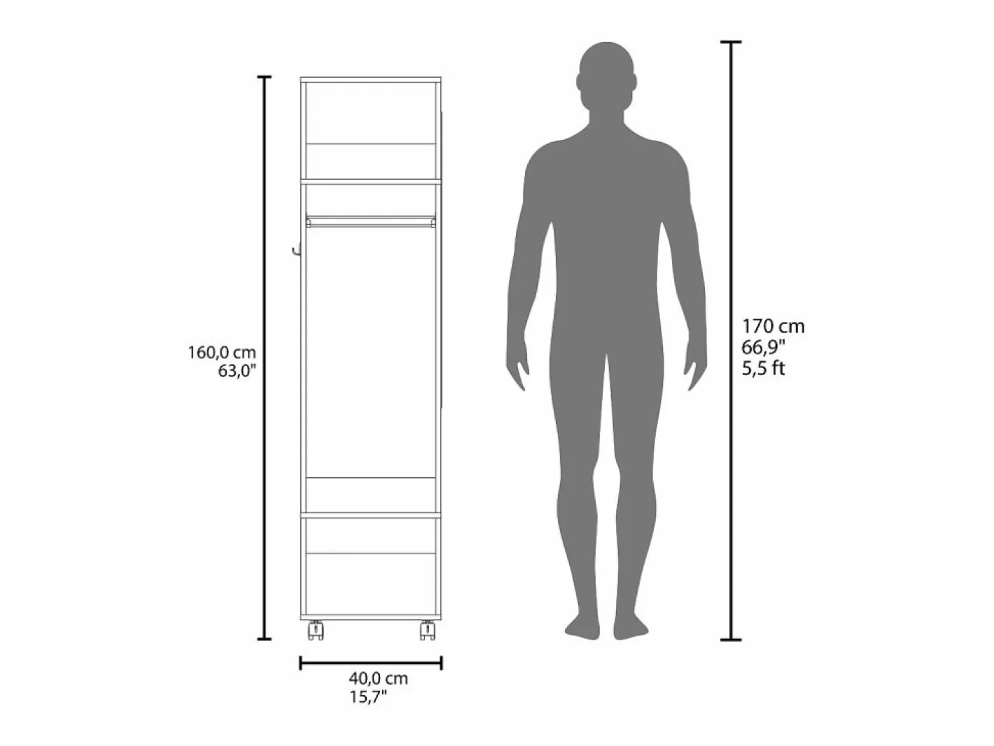 TuHome Armario Abierto, Vestidor|Armario Kronospan en melamina , tres estantes , barra para colgar ropa y espejo incluido , , 160 cm X 40 cm X 48 cm