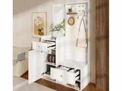 Merax Armario De Entrada|Armario moderno - 105 x 38 x 180 cm - con espejo + ganchos ajustables + 1 puerta + 2 cajones + banco - aglomerado -