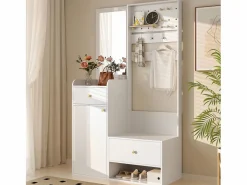 Merax Armario De Entrada|Armario moderno - 105 x 38 x 180 cm - con espejo + ganchos ajustables + 1 puerta + 2 cajones + banco - aglomerado -
