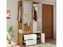 Armario multifunción con espejo, zapatero, banco de almacenaje y perchero extensible, y Madera (100x38x180 cm)^ Best