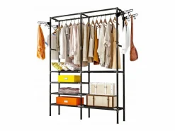 Armario móvil 173x36x108 cm con 6 estantes, barra para colgar y 8 perchas laterales – ahorro de espacio^Hconfortxl New