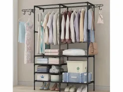 Armario móvil 173x36x108 cm con 6 estantes, barra para colgar y 8 perchas laterales – ahorro de espacio^Hconfortxl New